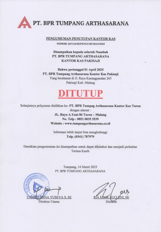 PENGUMUMAN PENUTUPAN KANTOR KAS